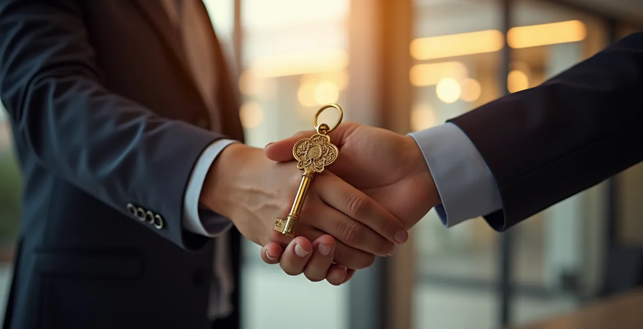 Mains professionnelles échangeant une clé dorée dans un environnement moderne