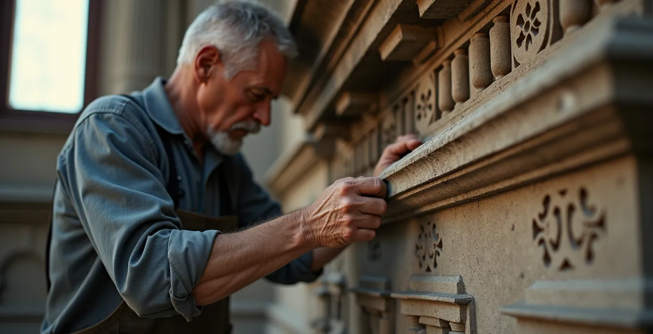 Artisan restaurateur travaillant sur la façade ornementée d'un bâtiment historique de La Chaux-de-Fonds